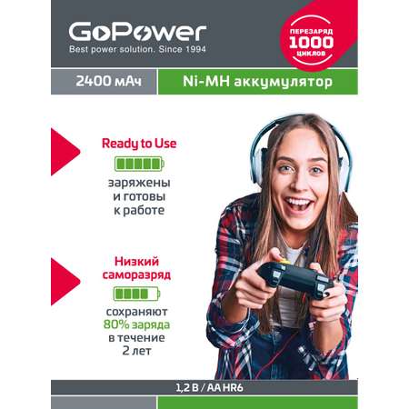 Аккумуляторы предзаряженные GoPower HR6 AA BL2 NI-MH 2400mAh