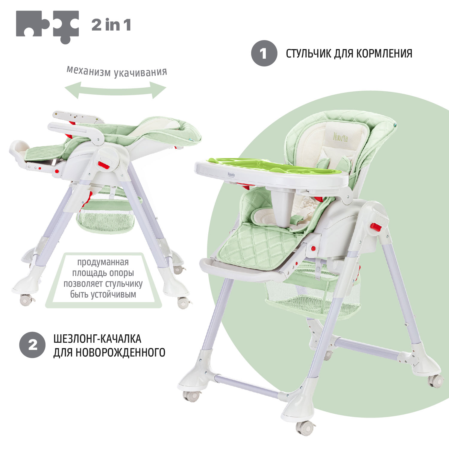 Стул-шезлонг для кормления Nuovita Tutela со стежкой Зеленый - фото 3