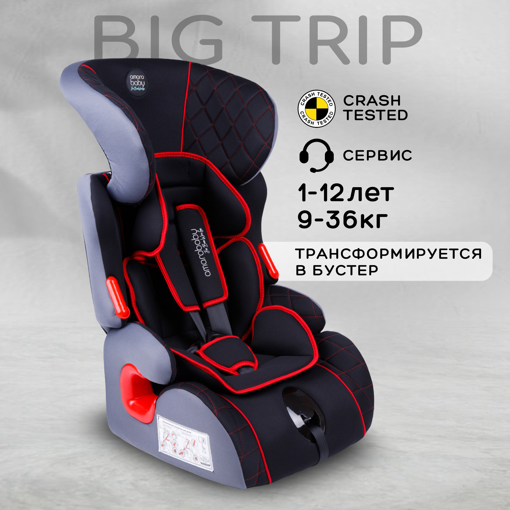 Автокресло детское AmaroBaby Big trip группа I II III чёрный красный - фото 2