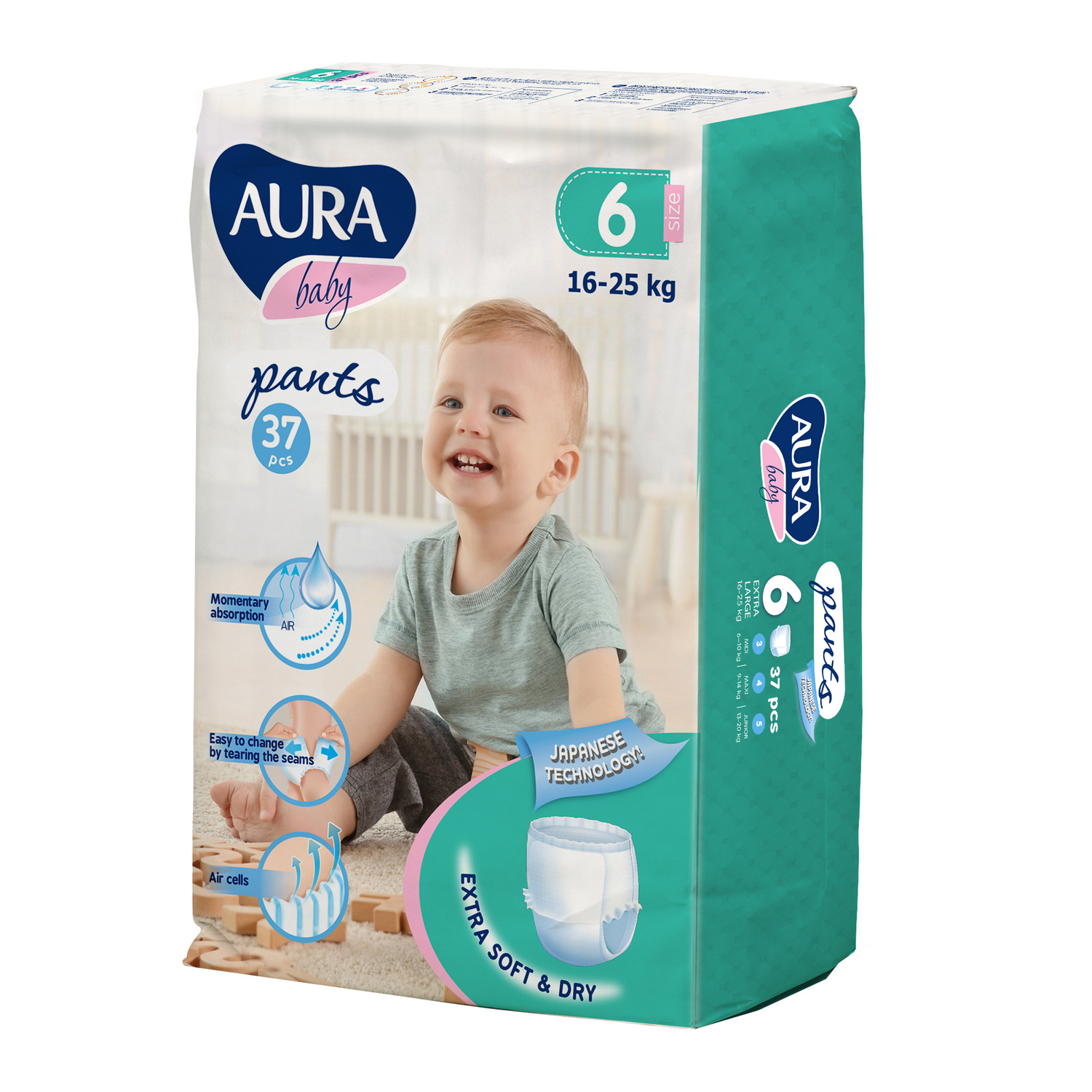 Подгузники-трусики AURA BABY одноразовые для детей 6XXL 16-25 кг 37шт - фото 1