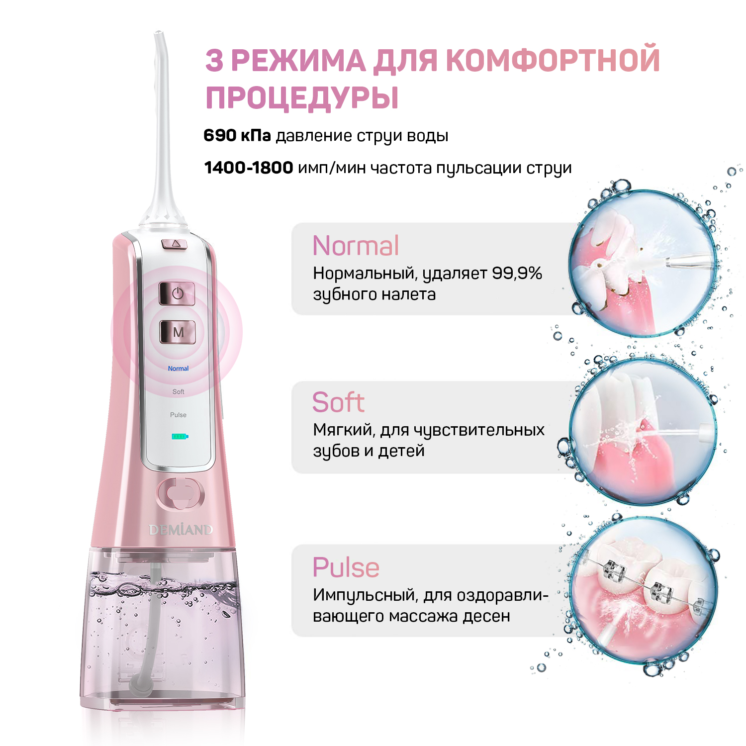 Портативный ирригатор DEMIAND Professional IR-P600/Розовый 4 насадки сумочка ёмкость 300 мл - фото 5