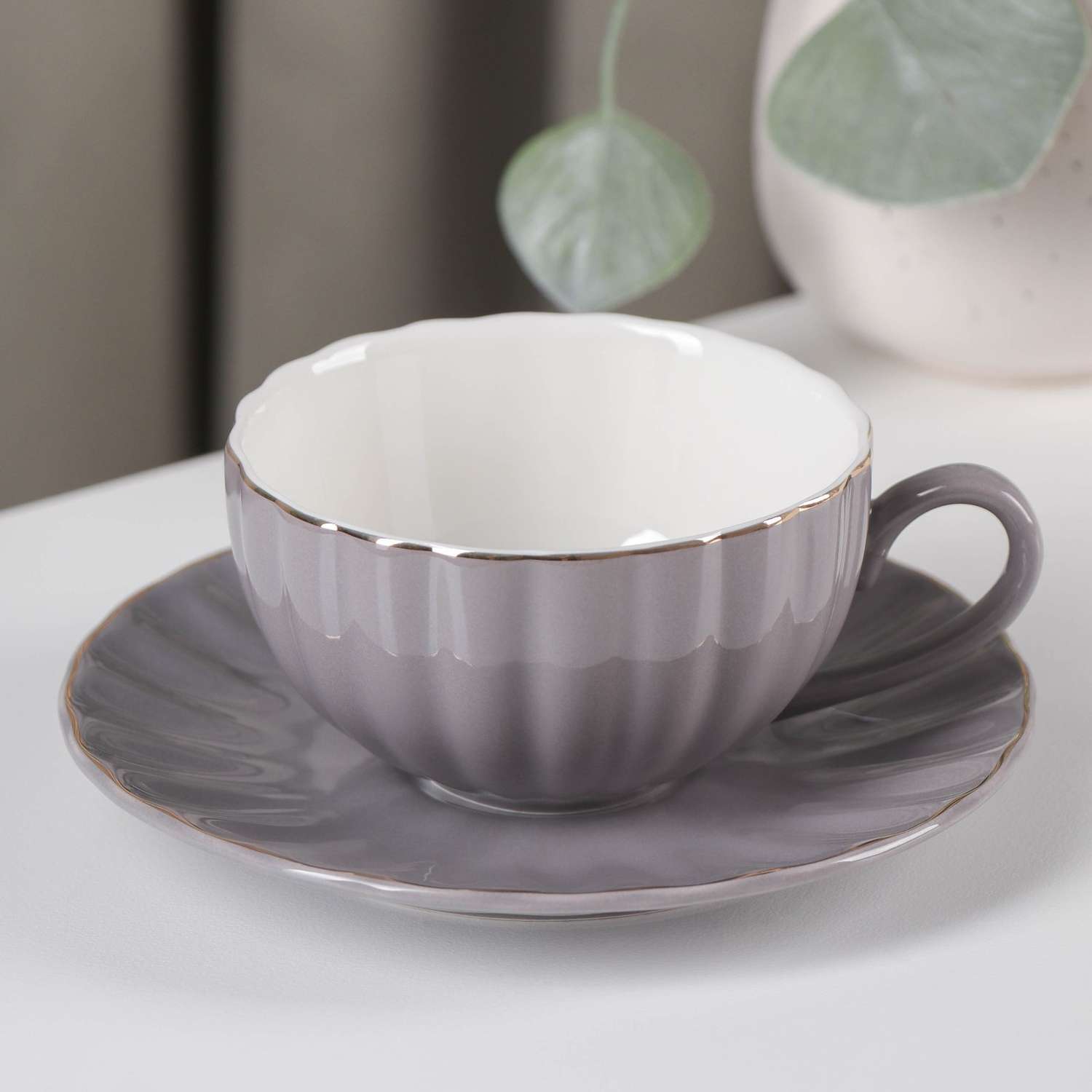 Чайная пара Доляна Вивьен чашка 200 мл блюдце цвет серый - фото 1