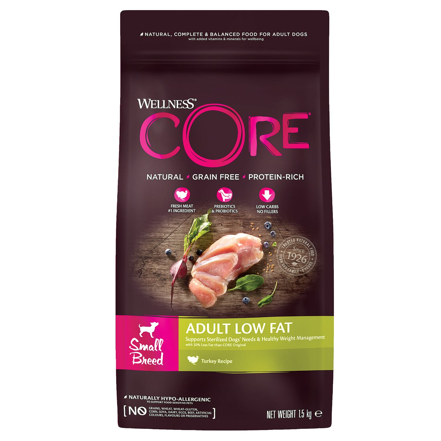 Сухой корм для собак Wellness CORE 1.5 кг курица, индейка (при избыточном весе, полнорационный) - фото 1