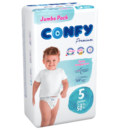 Подгузники детские CONFY Premium Junior размер 5 11-18 кг Jumbo упаковка 50 шт CONFY