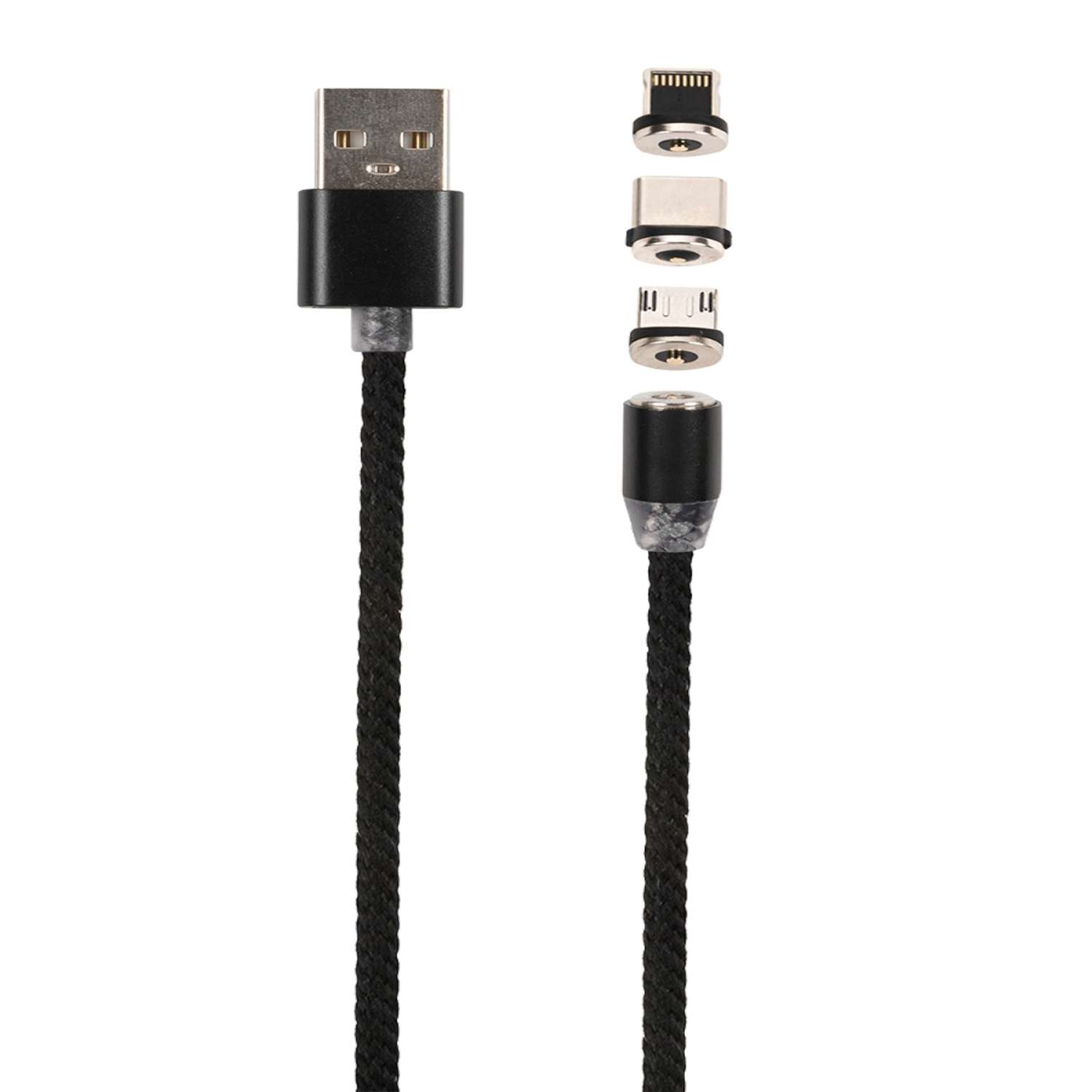 Дата-кабель mObility магнитный USB -Type-C/8 - pin/micro USB (3 в 1) нейлоновая оплетка черный - фото 2