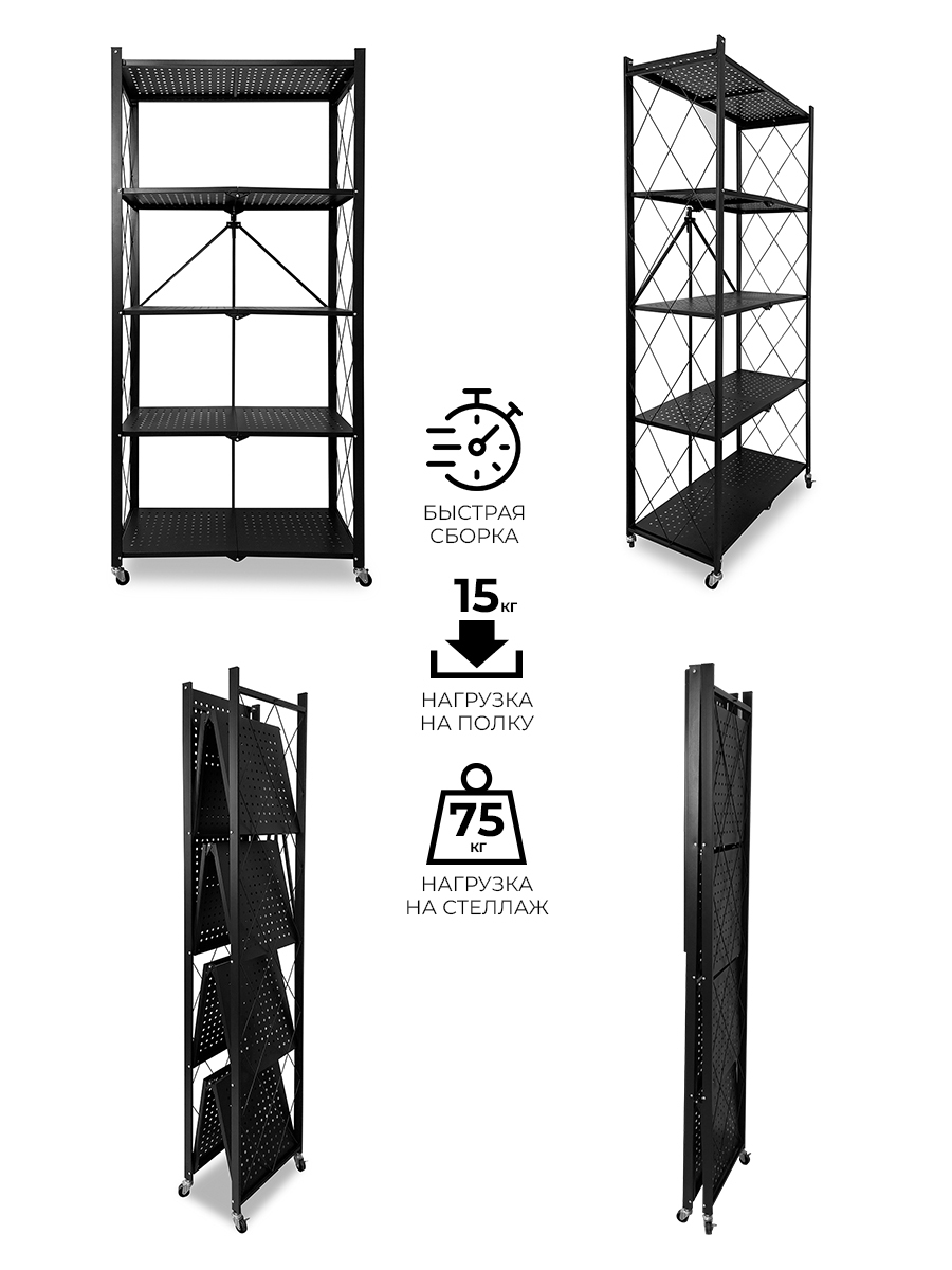 Стеллаж металлический ГЕЛЕОС 730х400х1590 мм складной 5 полок на колесиках - фото 15