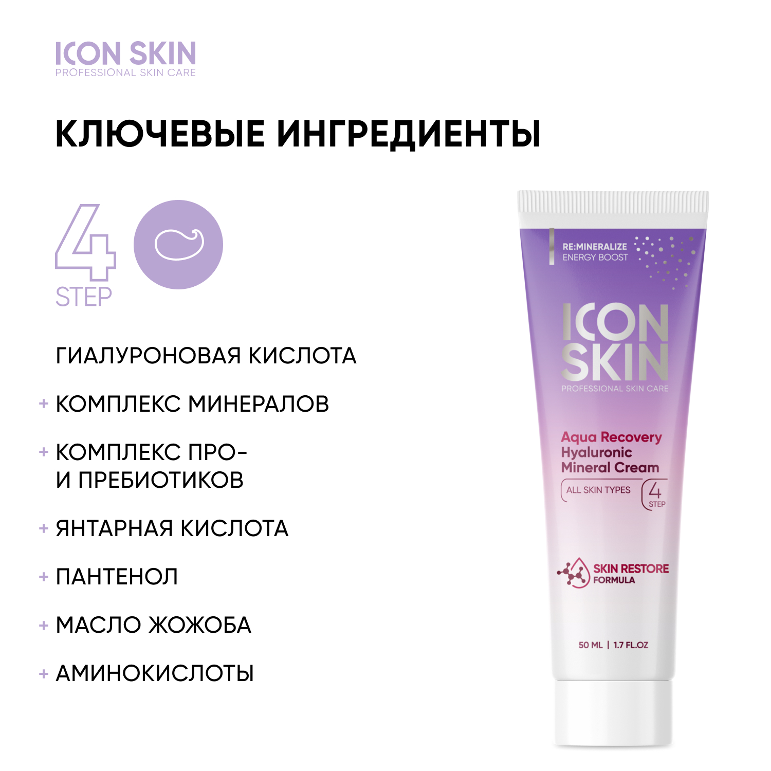 Крем для лица ICON SKIN с гиалуроновой кислотой и минералами Aqua Recovery 50 мл - фото 4