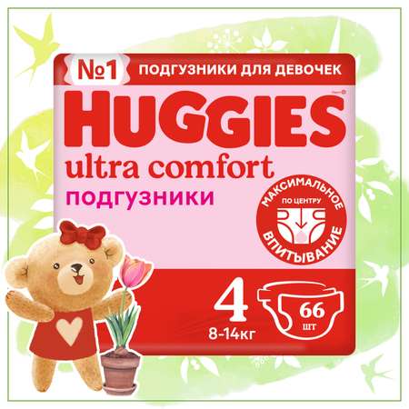 Подгузники для девочек Huggies Ultra Comfort 4 8-14кг 66шт