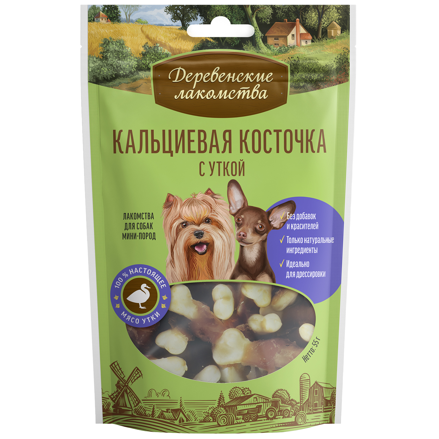 Лакомство для собак Деревенские лакомства мини пород Косточка кальций утка  55г