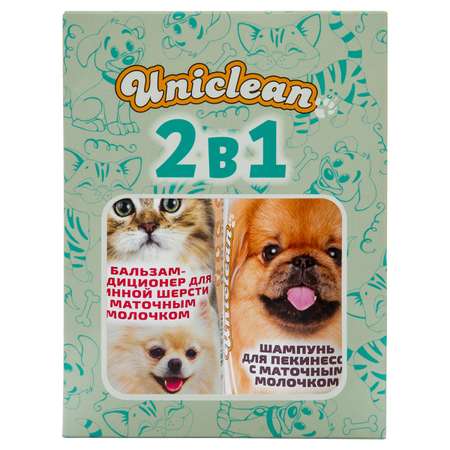 Подарочный набор Uniclean шампунь для пекинесов и бальзам-кондиционер для длинной шерсти с маточным молочком