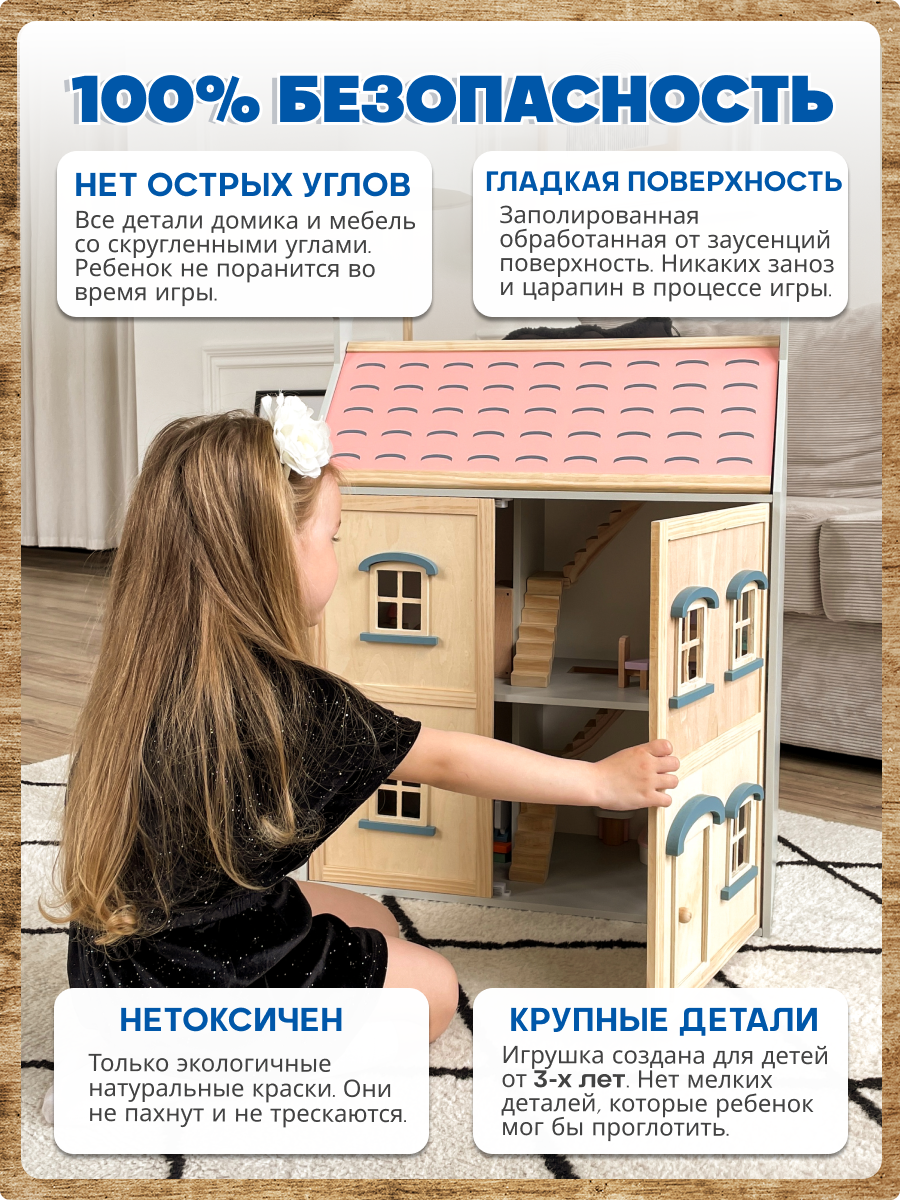 Кукольный домик Зайка любит Большой кукольный домик с мебелью из натурального дерева для кукол 2 этажа MSN21021 - фото 12