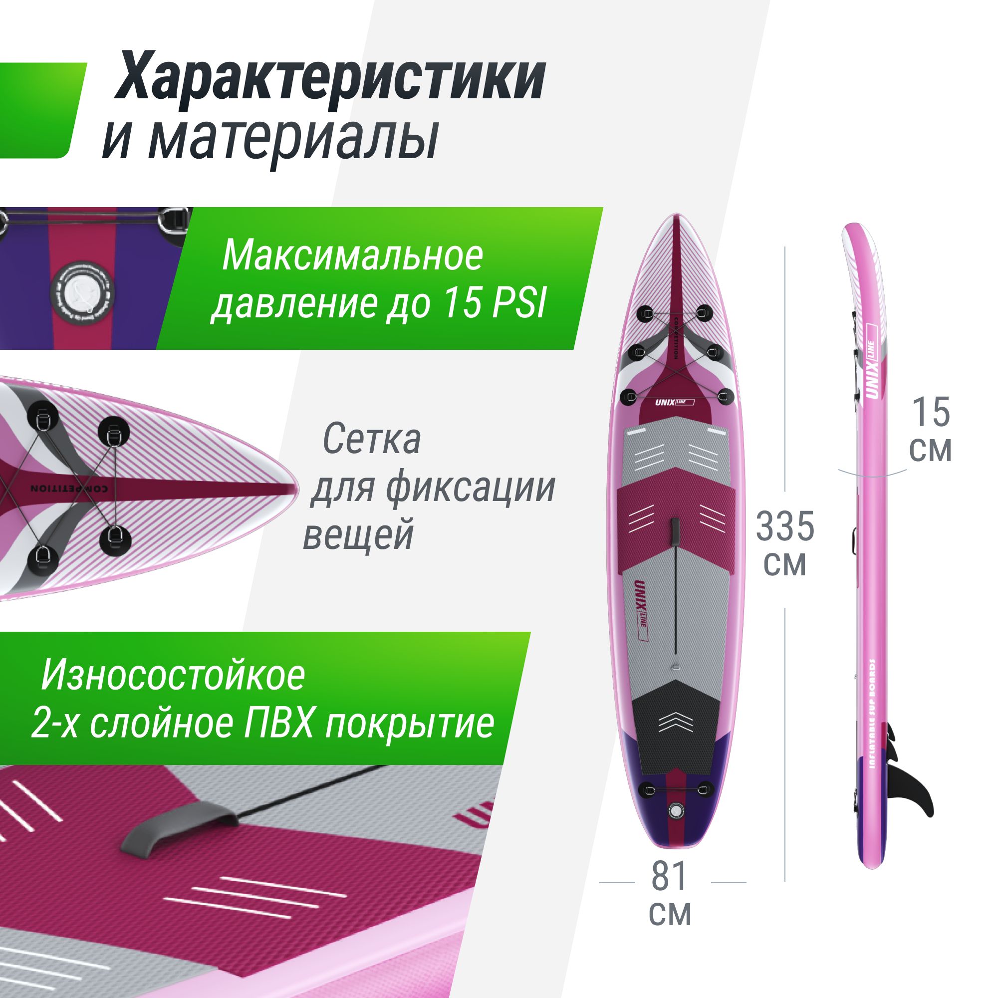 SUP-борд UNIX Line Pink Horizon (335см) сап-борд в рюкзаке, в комплекте весло, 3 плавника, насос с монометром - фото 4