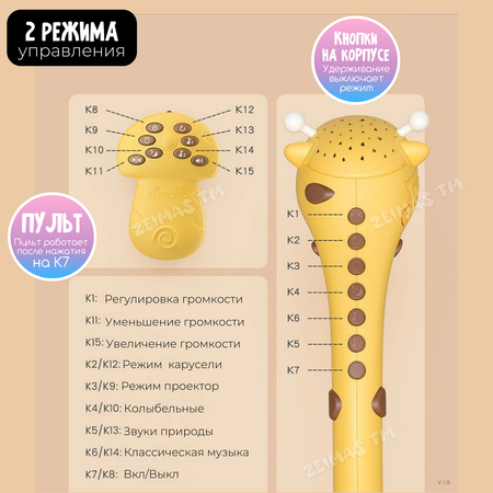 Музыкальный мобиль в кроватку Zeimas Жираф с проектором звездного неба с пультом