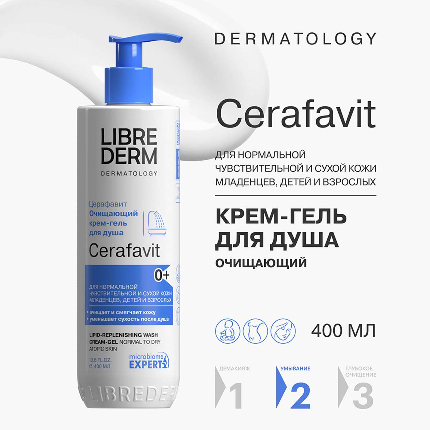 Крем-гель для душа Librederm CERAFAVIT очищающий липидовосстанавливающий с церамидами и пребиотиком 400 мл - фото 2