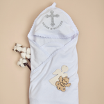 Полотенце -уголок крестильное Ramelka 90х90 см для купания новорожденного с вышивкой белое