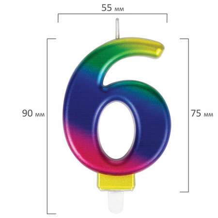Свеча для торта Золотая сказка цифра 6 Радужная 9 см с держателем в блистере