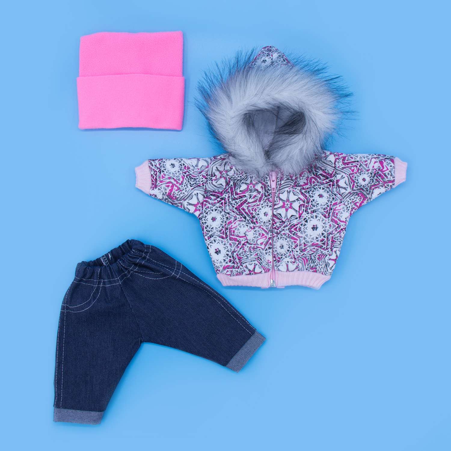 Комплект для пупса Модница 43-48 см: куртка с опушкой джинсы и шапочка 6120 розовый-розовый 6120розовый&amp;розовый - фото 12