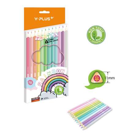 Карандаши цветные Y-plus пастельные Rainbow Pastel трехгранные утолщенные 12 цветов и точилка