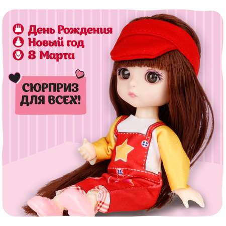 Кукла шарнирная 15 см 1TOY Alisa Kawaii mini с расчёской длинные темные волосы в красной кепке