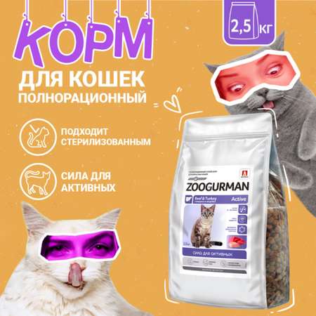 Корм сухой Зоогурман Полнорационный сухой корм для кошек Active Говядина и индейка 2.5 кг