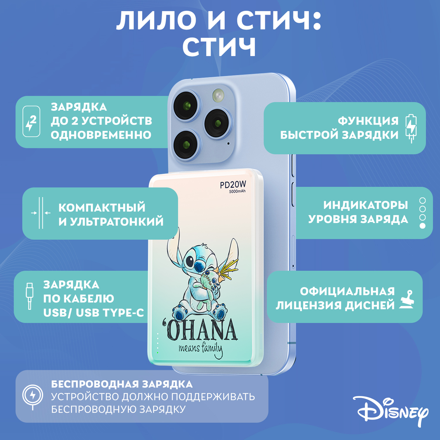 Внешний аккумулятор Disney беспроводной магнитный Лило и Стич 5000 мАч QS-D12 - фото 2