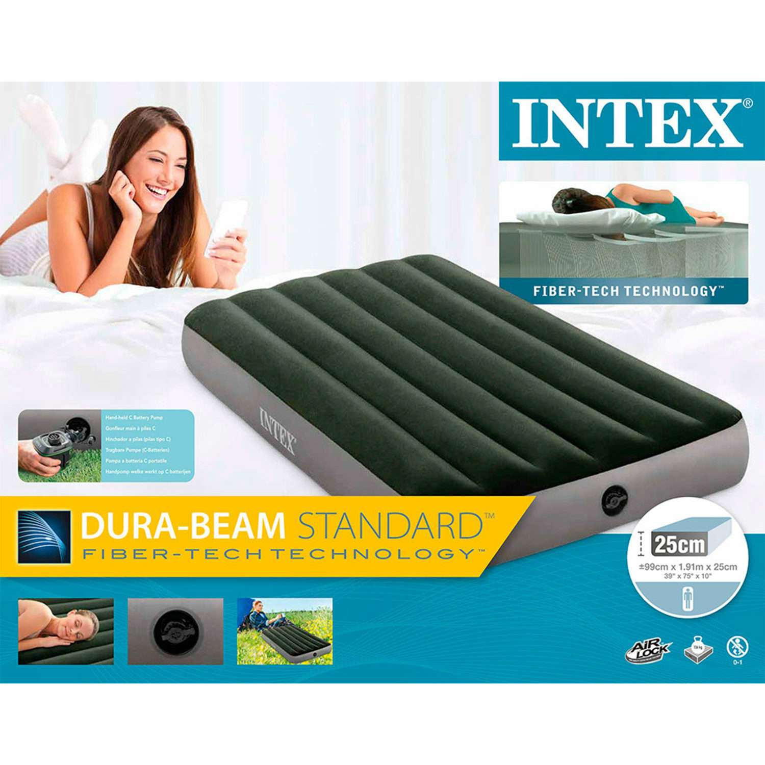 Надувной матрас INTEX кровать дюра бим престиж твин 99х191х25 см с насосом - фото 4