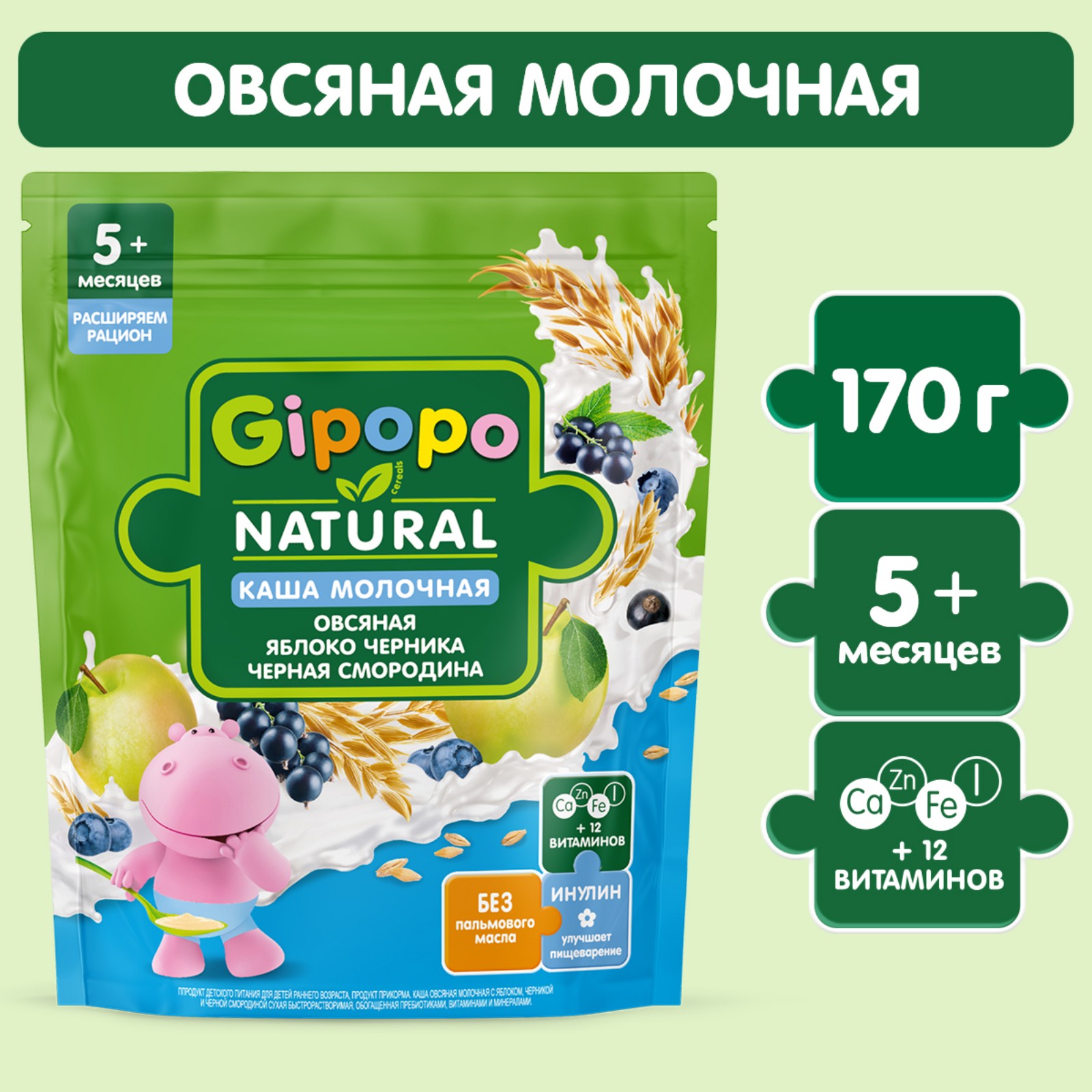 Каша Gipopo молочная овсяная яблоко-черника-черная смородина 170г с 5месяцев - фото 1