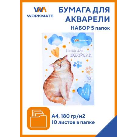 Папка для акварели WORKMATE А4 котик 180гр 10 листов 5 папок 15-2114