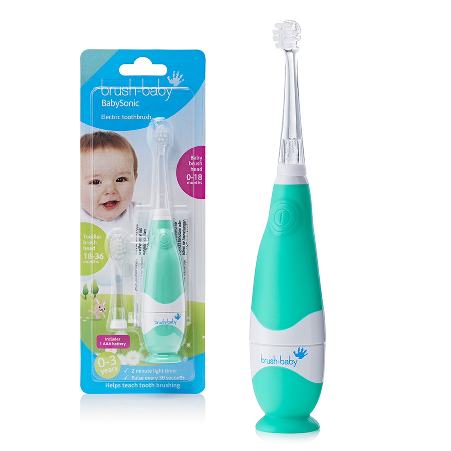 Зубная щетка электрическая Brush-Baby BabySonic звуковая 0-3 года бирюзовая - фото 1