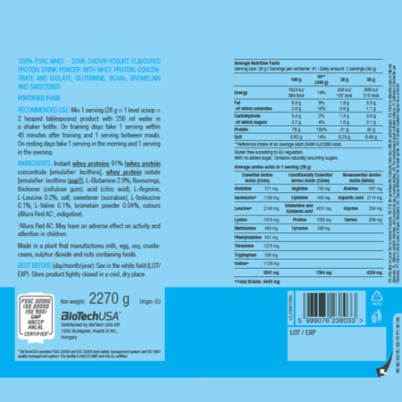 Протеин BiotechUSA 100% Pure Whey 2270 г. Вишневый йогурт