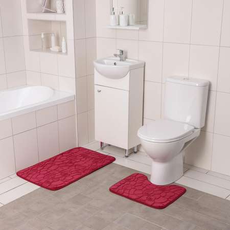 Набор ковриков Доляна для ванной и туалета «Галька ракушки» 2 шт: 40×50 50×80 см цвет бордовый