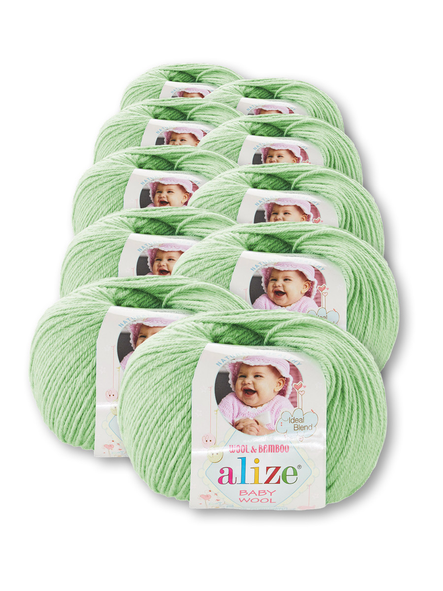 Пряжа для вязания Alize baby wool бамбук шерсть акрил мягкая 50 гр 175 м 188 зелёная мята 10 мотков - фото 2