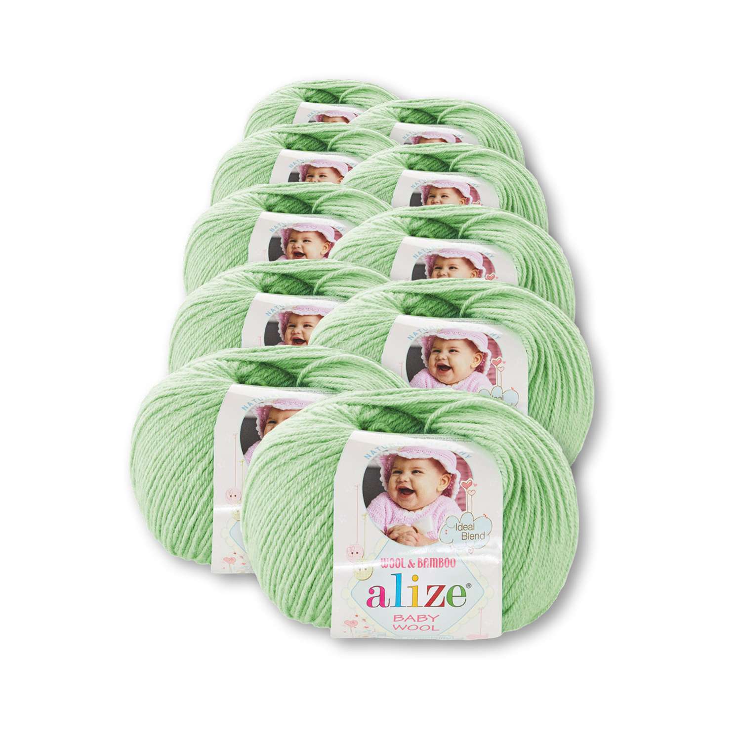Пряжа для вязания Alize baby wool бамбук шерсть акрил мягкая 50 гр 175 м 188 зелёная мята 10 мотков - фото 2