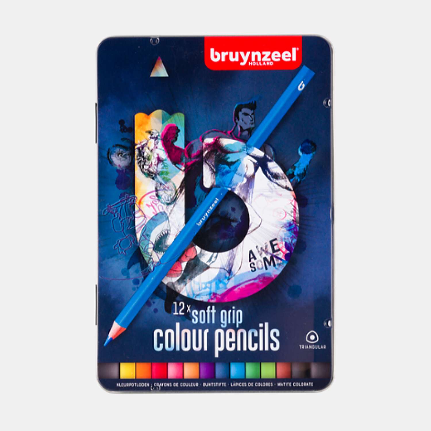 Набор цветных карандашей BRUYNZEEL Teen Soft grip 12 в синем металлическом коробе-пенале - фото 1