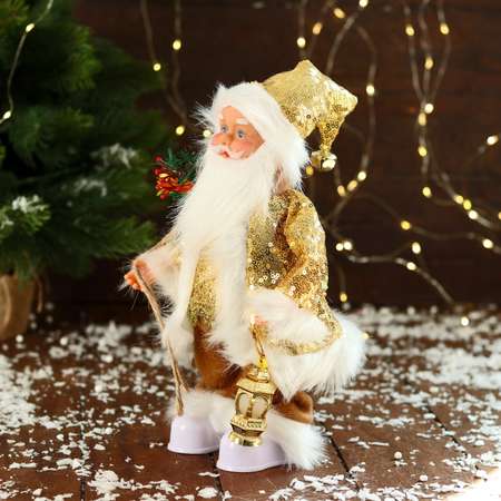 Дед мороз Sima-Land «В костюме с пайетками с фонариком» двигается с подсветкой 28 см золото
