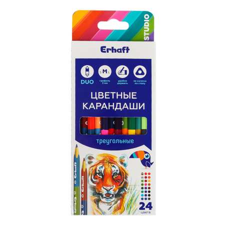 Карандаши цветные Erhaft Studio 2сторонние трехгранные 24цвета 12шт KR971281