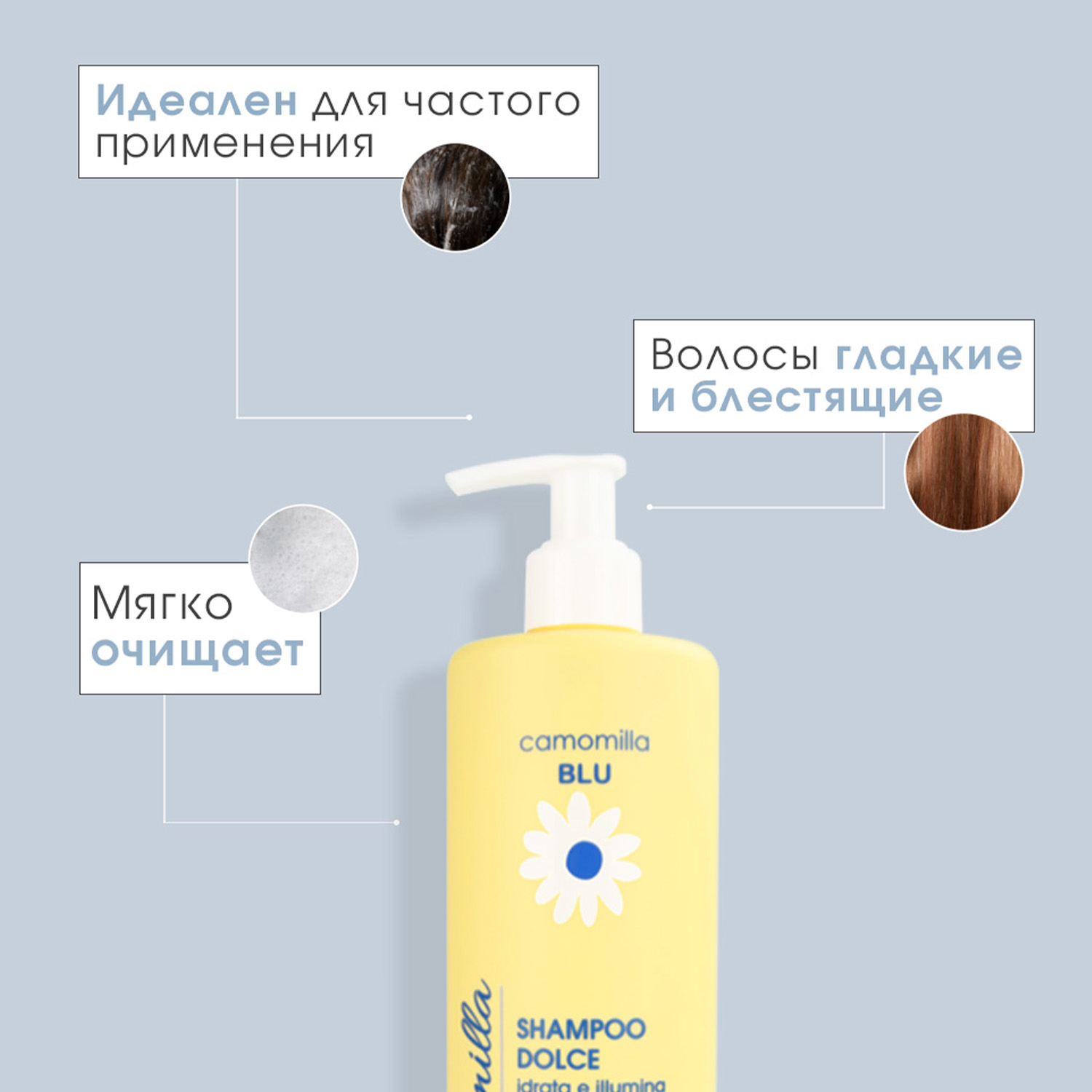 Шампунь для волос Camomilla BLU мягкий Увлажнение и Блеск Soft shampoo moisturize shine 500 мл - фото 4