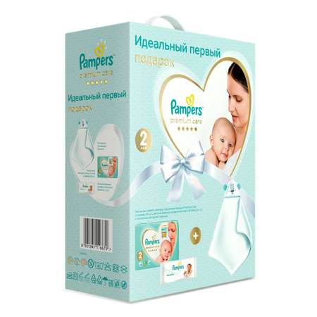 Набор подарочный Pampers Подгузники Premium Care Эконом упаковка Mini 4-8кг 66шт+салфетки влажные Sensitive 12шт+полотенце 81690597