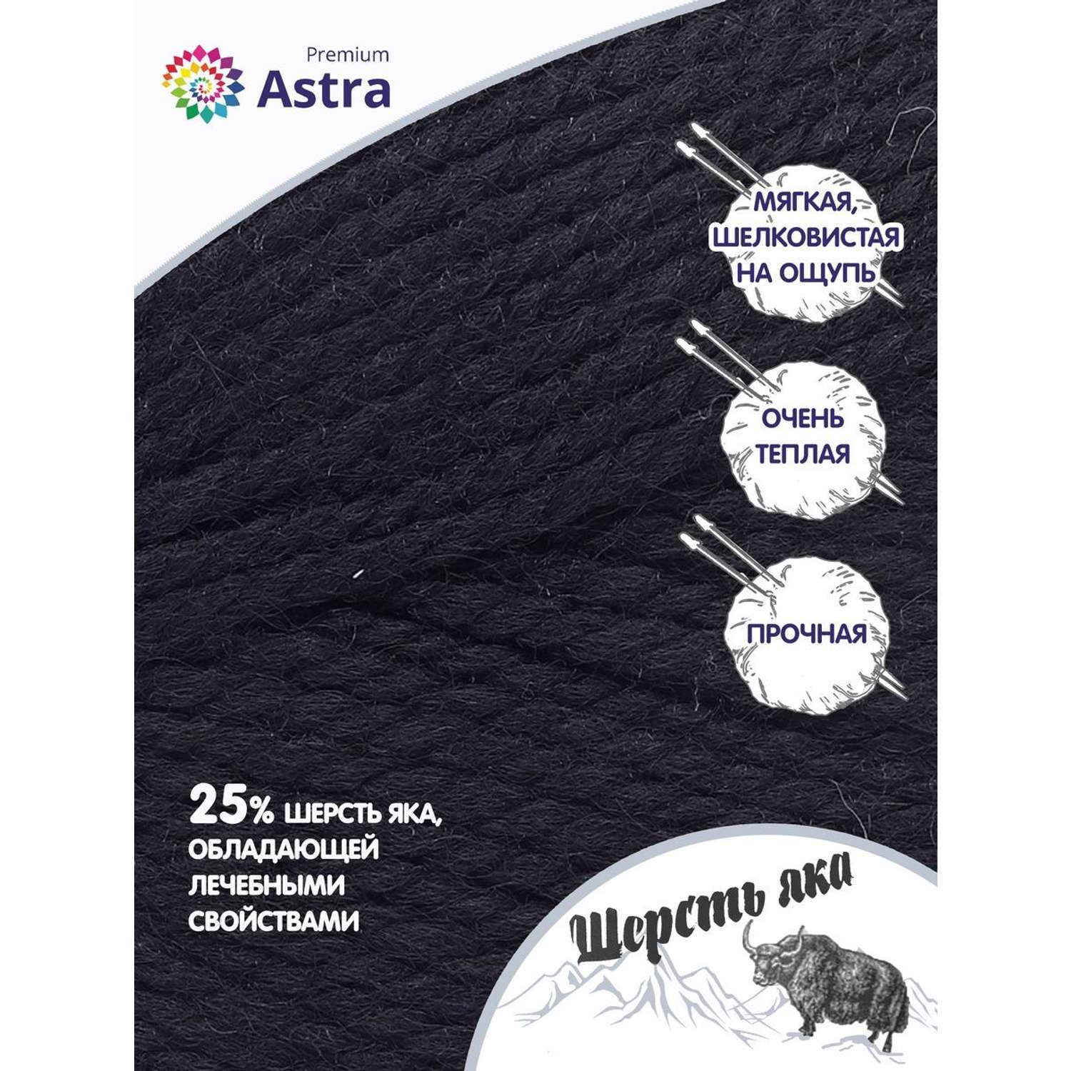 Пряжа Astra Premium Шерсть яка Yak wool теплая мягкая 100 г 120 м 12 черный 2 мотка - фото 2