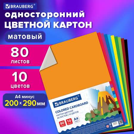 Картон цветной Brauberg формата А4 для творчества немелованный 80 листов 10 цветов в пленке