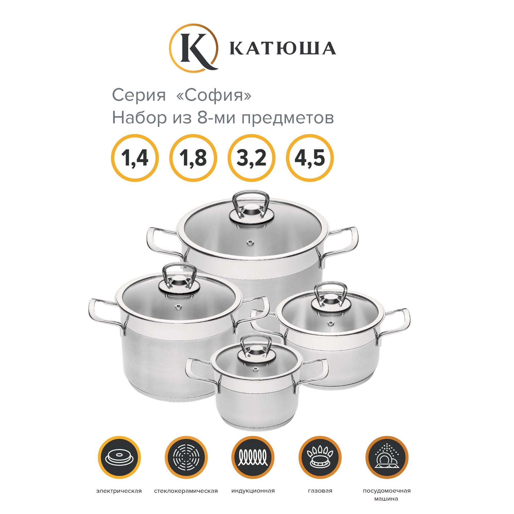 Набор кастрюль Катюша София 8 предметов 1.4/1.8/3.2/4.5 литра стеклянные крышки - фото 2