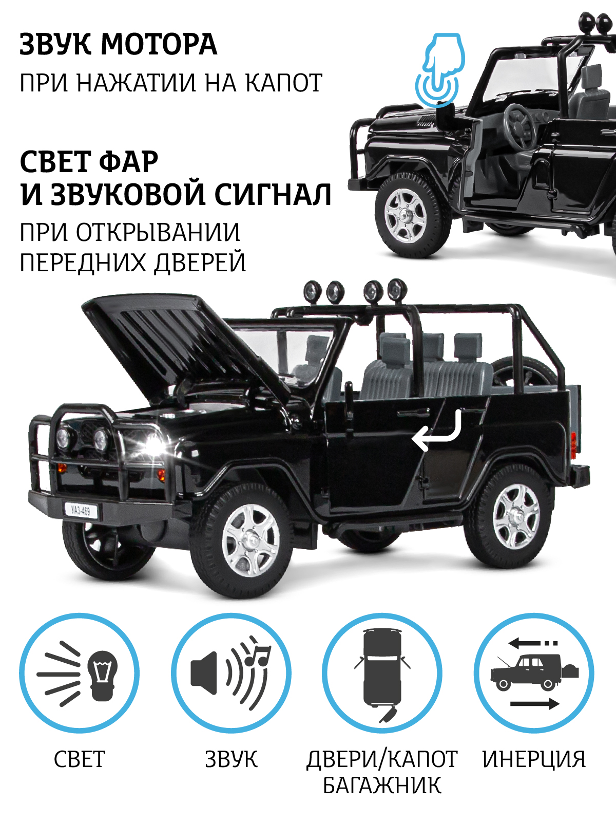 Машинка металлическая АВТОпанорама игрушка детская УАЗ-469 черный