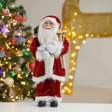 Фигура декоративная BABY STYLE Игрушка Дед Мороз в бордовом костюме с белым орнаментом с мешком с подарками 45 см
