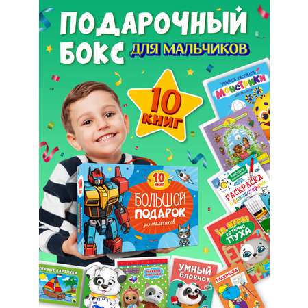 Набор большой подарок для мальчика 10 книг в картонной коробке 32х23 см.