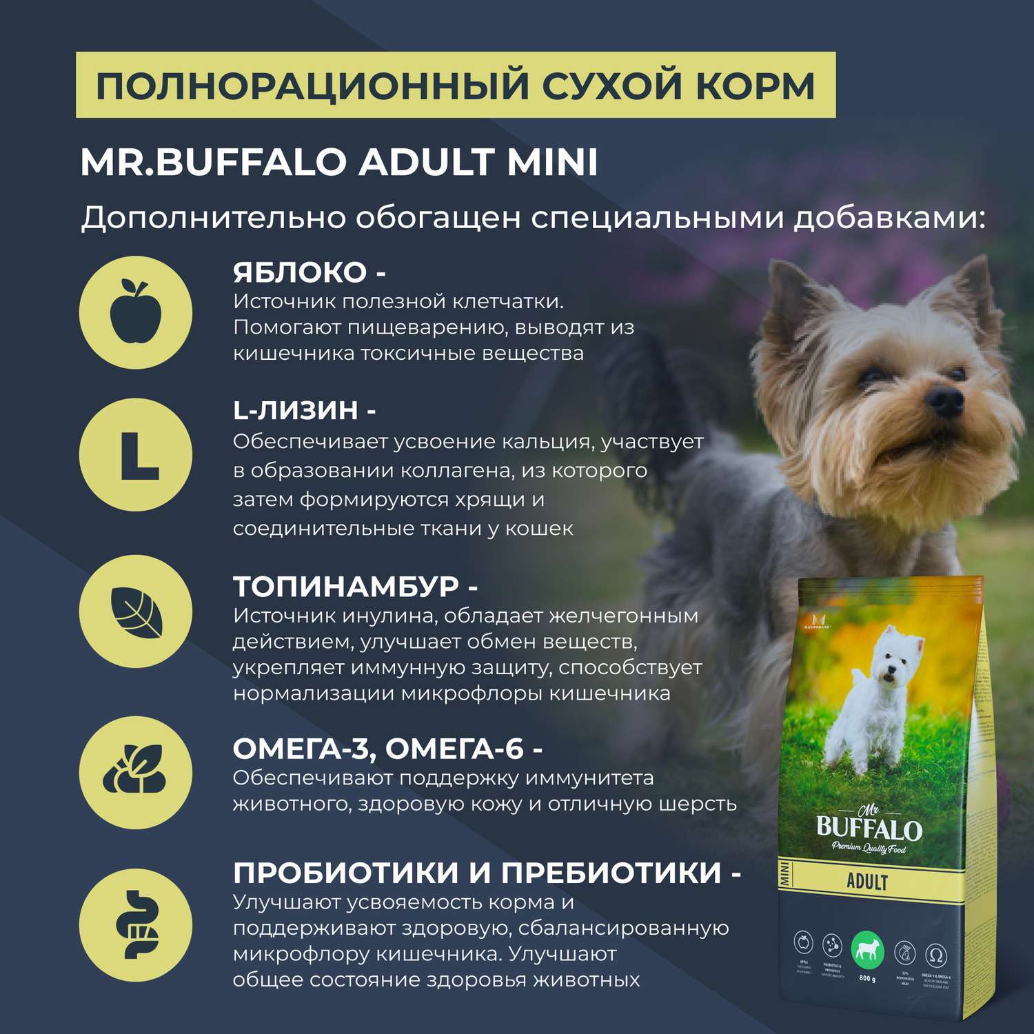 Корм для взрослых собак Mr.Buffalo Adult Mini миниатюрных пород с ягненком сухой 800г - фото 4