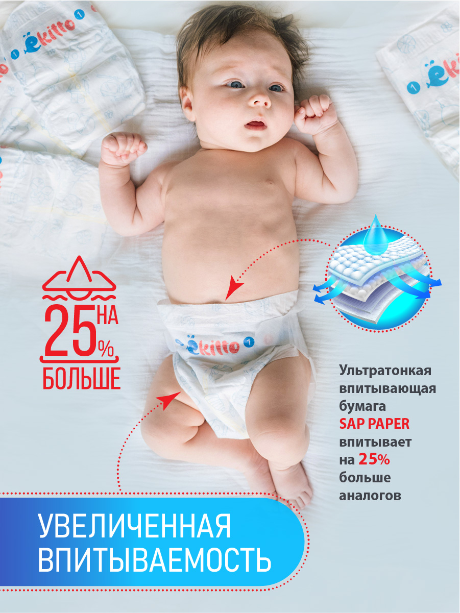 Подгузники Ekitto на липучках 1 размер NB для новорожденных тонкие 0-5 кг 30 шт - фото 8