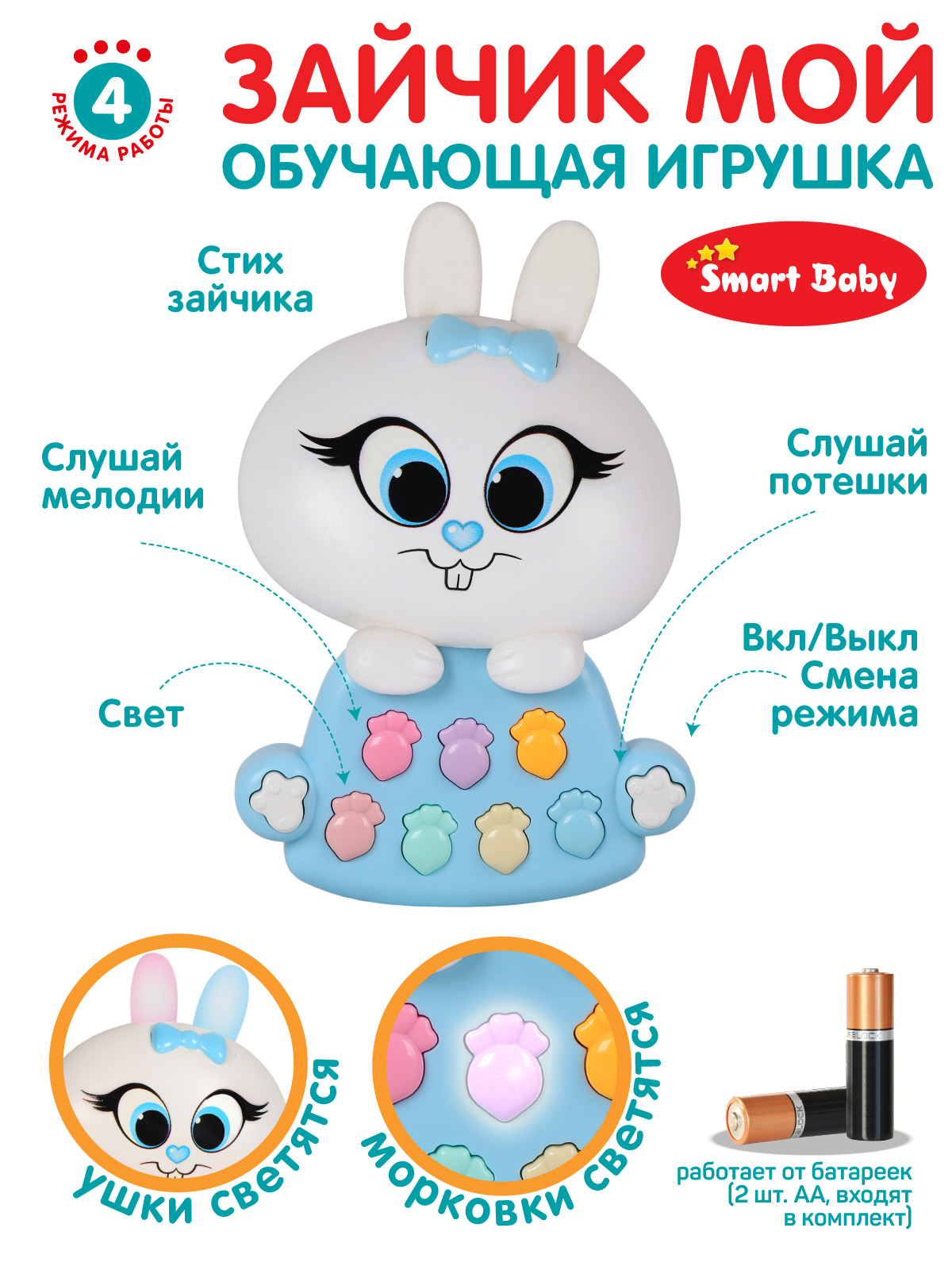 Развивающая игрушка Smart Baby музыкальный Зайчик фразы стихотворения JB0333452 - фото 2