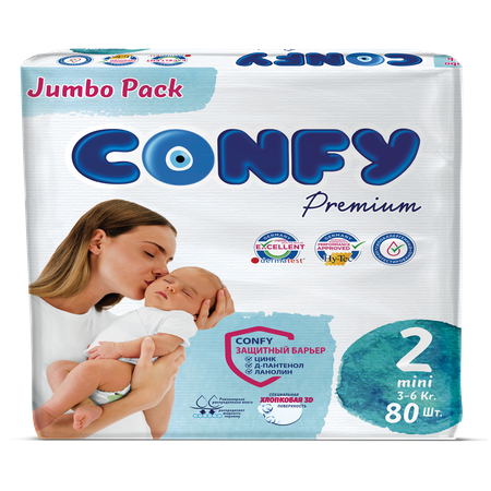 Подгузники CONFY детские Premium 3-6 кг размер 2 80 шт