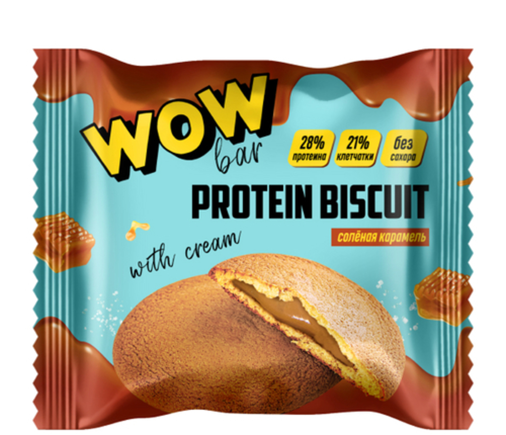 Протеиновое печенье Prime Kraft WOWBAR PROTEIN BISCUIT с кремовой начинкой со вкусом «Солёная карамель» 10 шт x 40 гр - фото 1