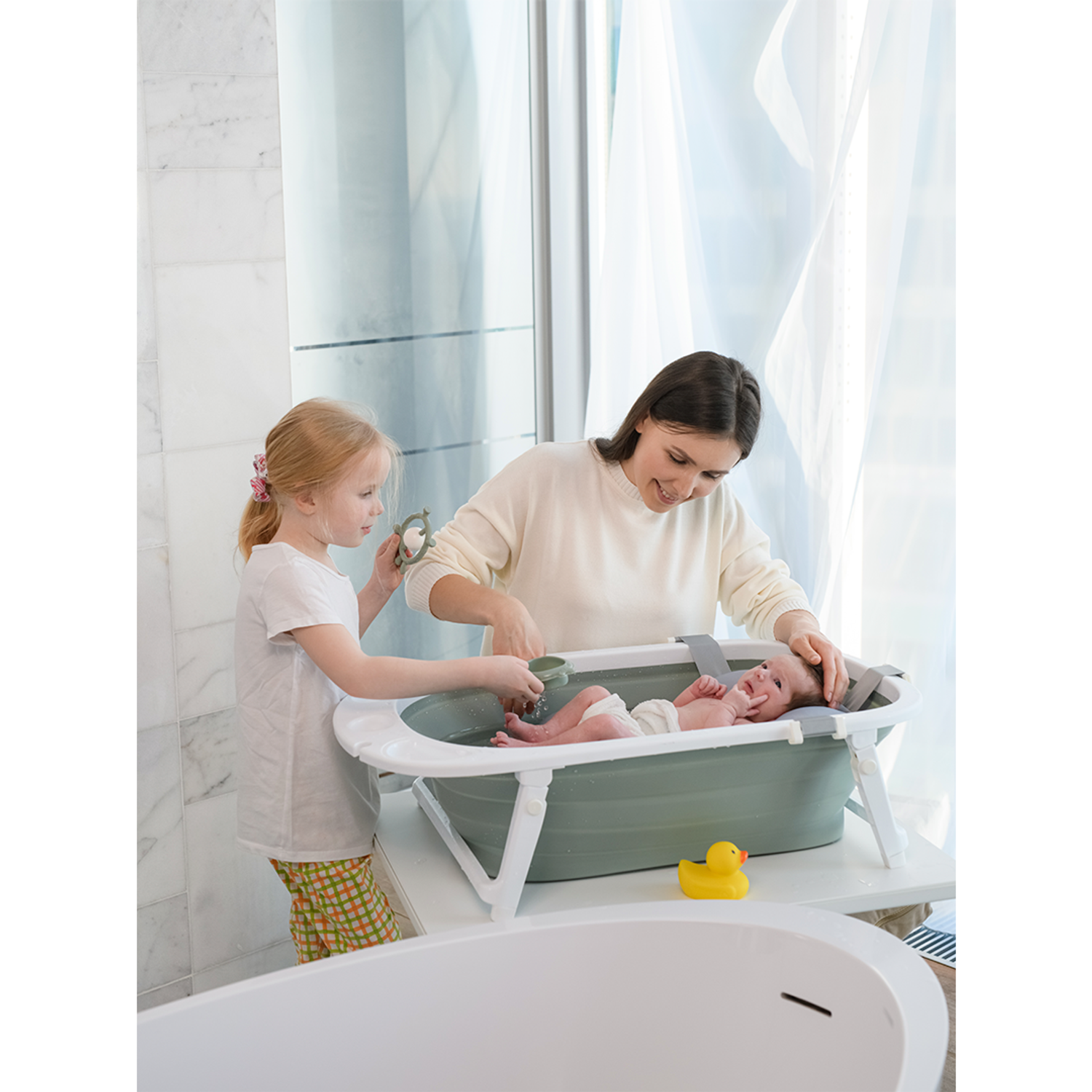 Ванночка для новорожденных Miyoumi с матрасиком складная - Sage - фото 13